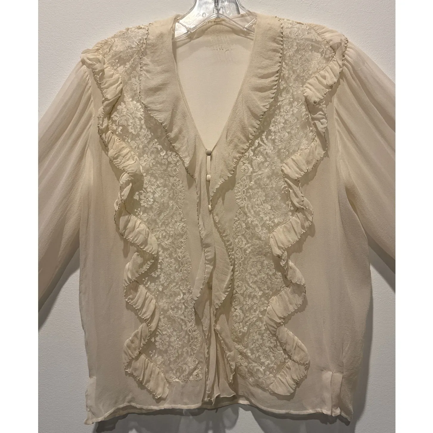 Unlabeled Vintage Cream Chiffon Lace Ruffle Blouse with Double Cuffs medium White - Image 6