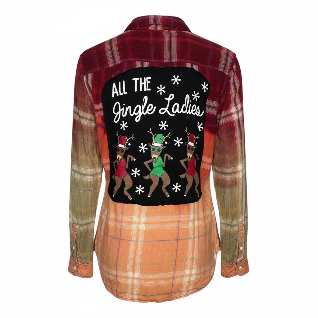 Christmas Funny Bleach Plaid "All The Jingle Ladies" Graphic Flannel Size Medium Red - Image 2