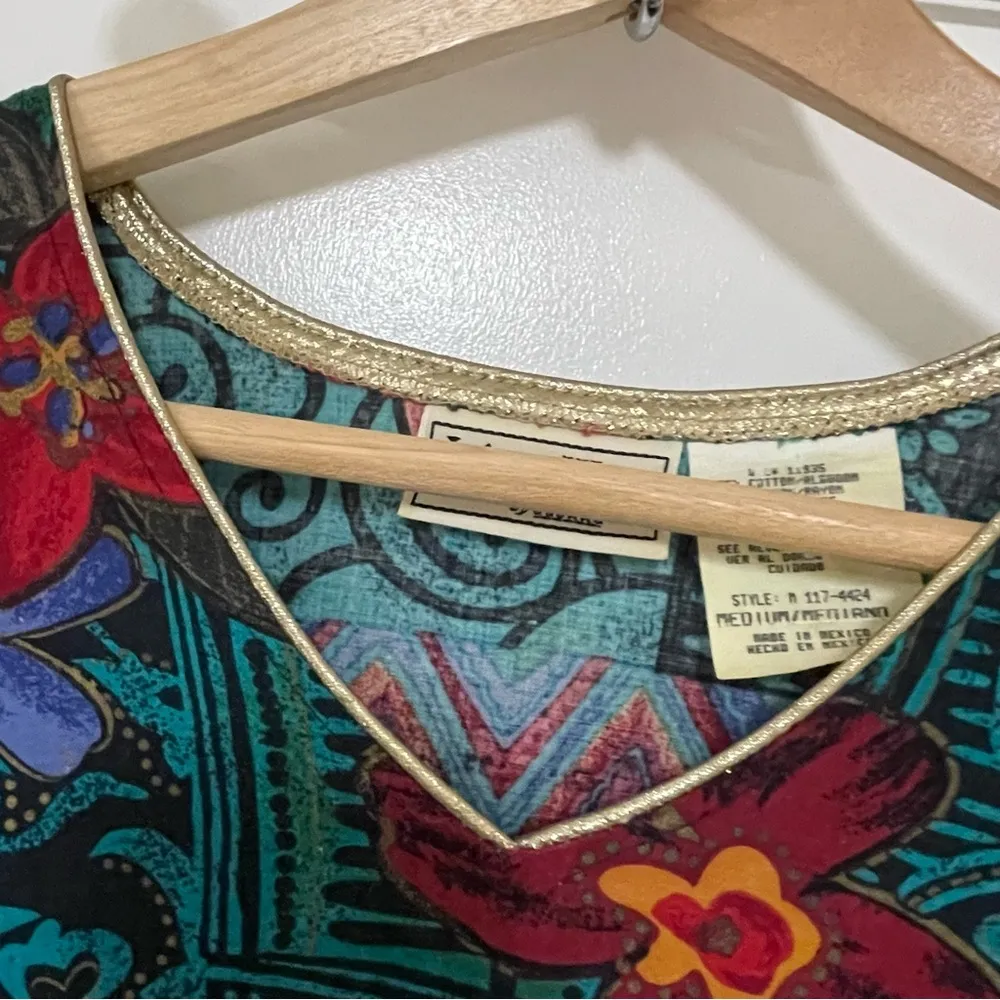 Women’s Vintage Hawaiian Maxi Dress size Medium Teal Floral Tribal Kaftan Casual Multiple - Image 5