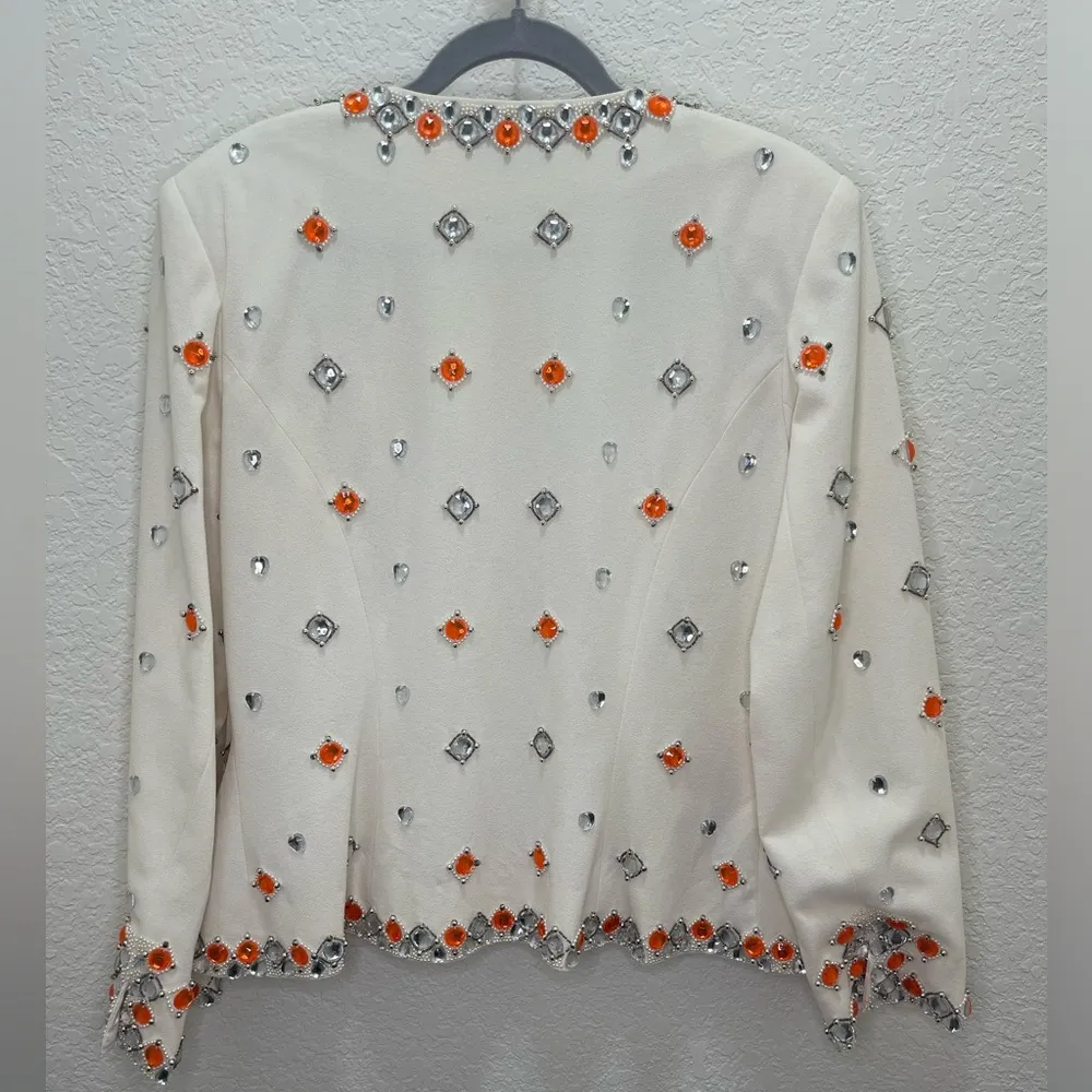 Vintage D'ore Blazer with Bold Gemstone Embellishments Gaudy‎ rhinestones 80’s Orange Size 14 - Image 2