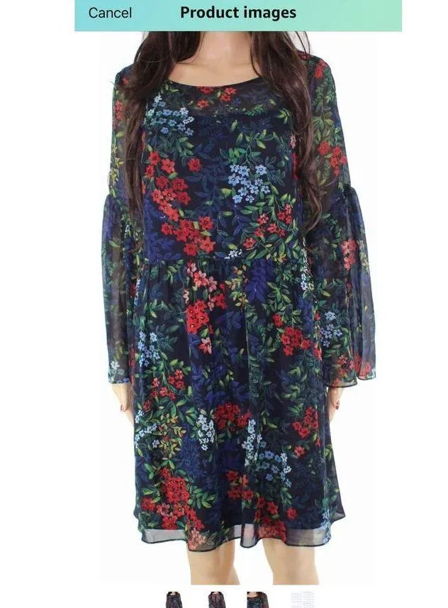 Lauren Ralph Lauren Floral Dress LRL Navy Red Babydoll 2 Pc Bell Sleeve sz 12 - Image 2