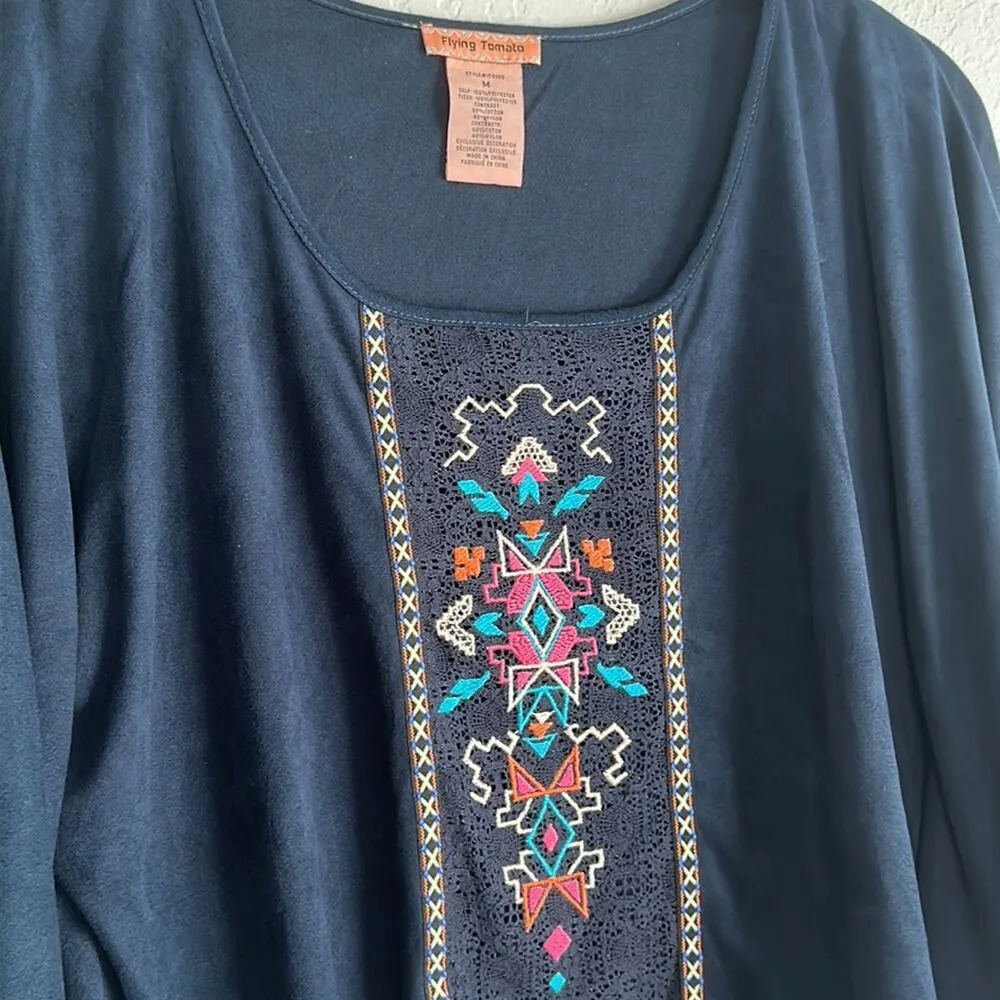 Flying Tomato Blue Suede Embroidered Batwing Top Fringe Cowgirl Western Festival - Image 2