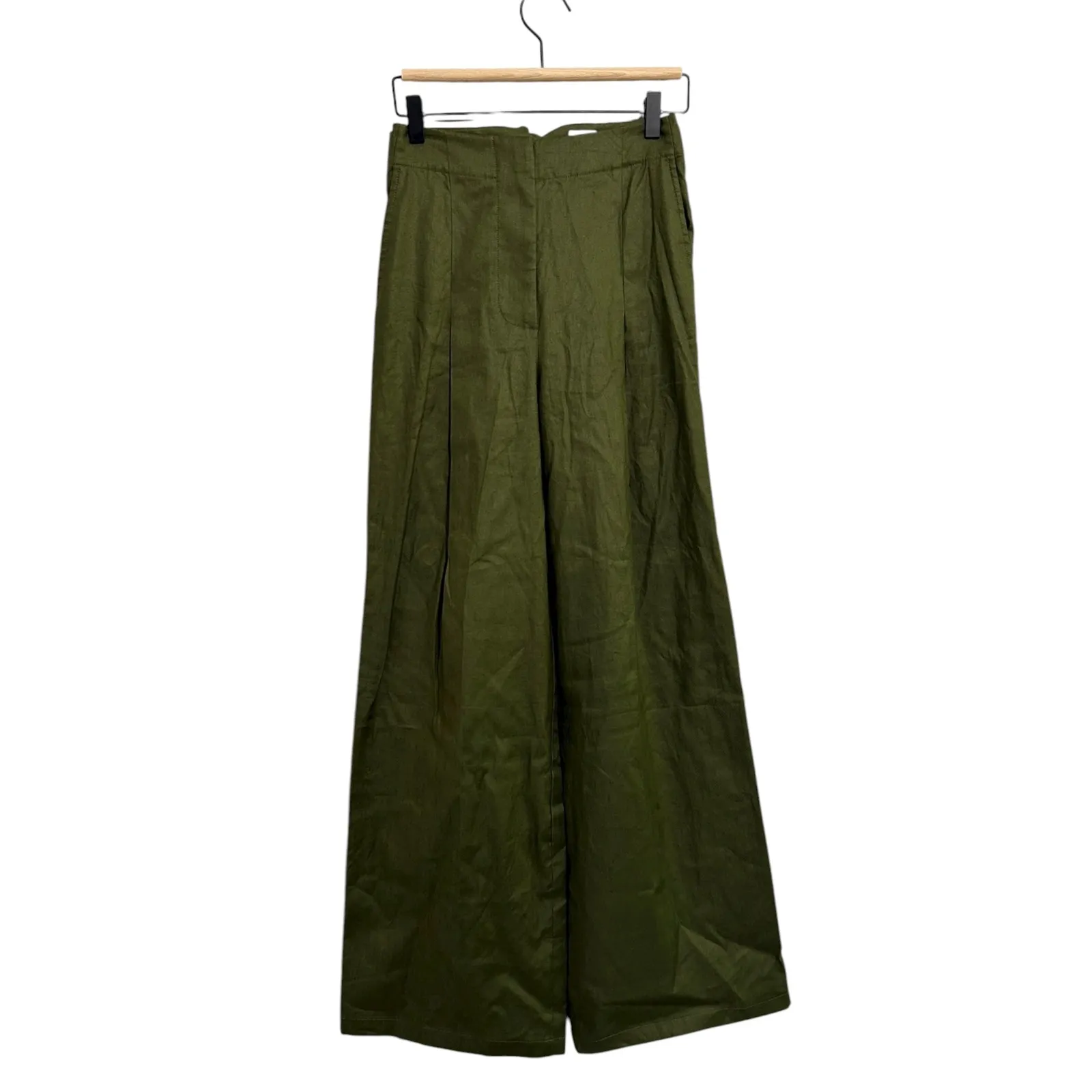 7 For All Mankind Italian Fabric Olive Green‎ Wide Leg Linen Cotton Pants Size 2 - Image 2
