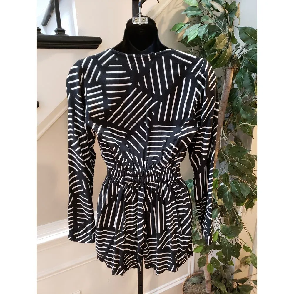 Motel Black White Stripe Romper XS V-Neck Long Sleeve Playsuit Made in Indonesia - Image 6
