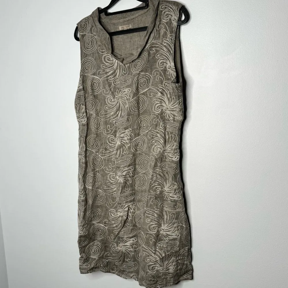 Lina Tomei Linen Embroidered Front Dress Size XL Gray - Image 2