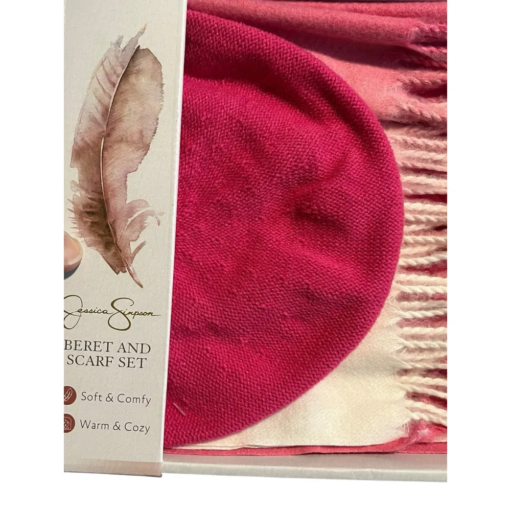 Jessica Simpson Beret And Scarf Womens OS Gift Set Pink White Warm Soft NEW - Image 4