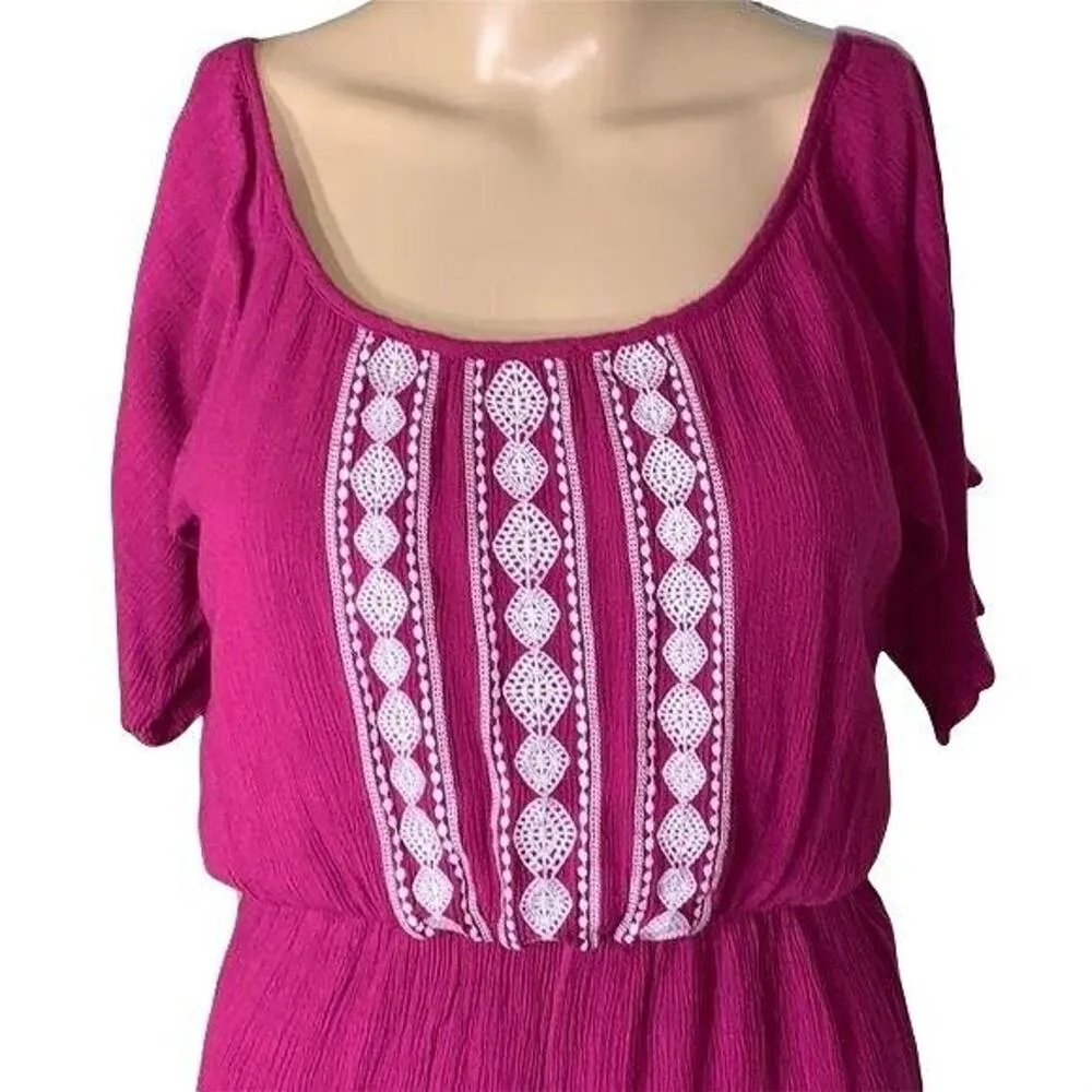 Maurices Womens Mini Dress Linen Flutter Cold Shoulder Sleeve Embroidered Pink - Image 3