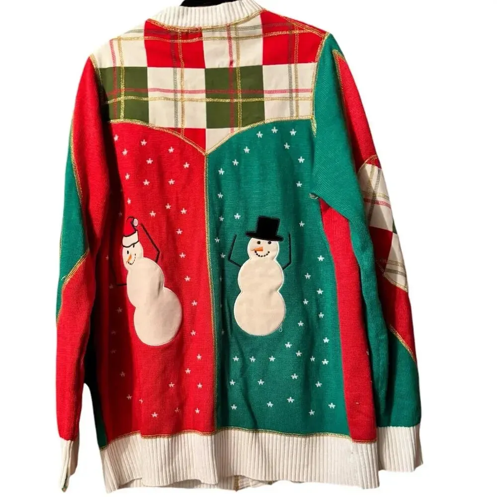 Tipsy Elves 2X 100% Cotton Snowman plaid cardigan Christmas Holiday heavy wgt - Image 3