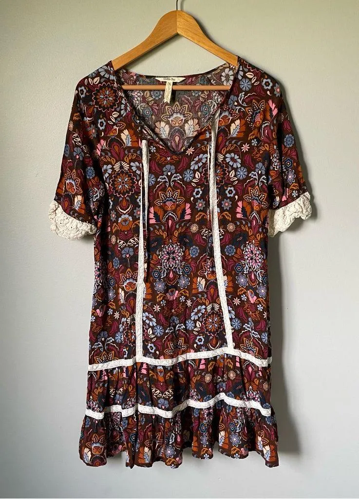 Matilda Jane Brown and Cream Floral Mini Dress Size Medium - Image 3