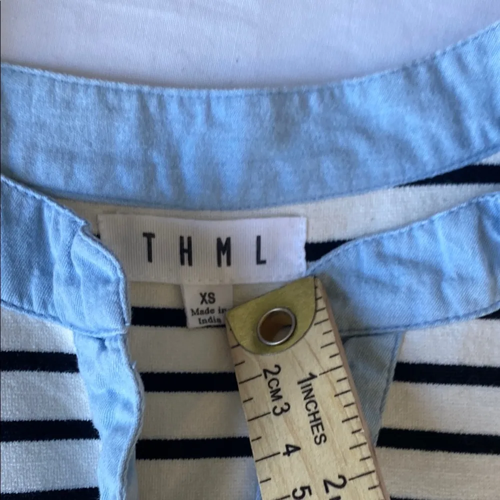 THML Blue and White Puff Sleeve Blouse with Mandarin Collar - Image 5