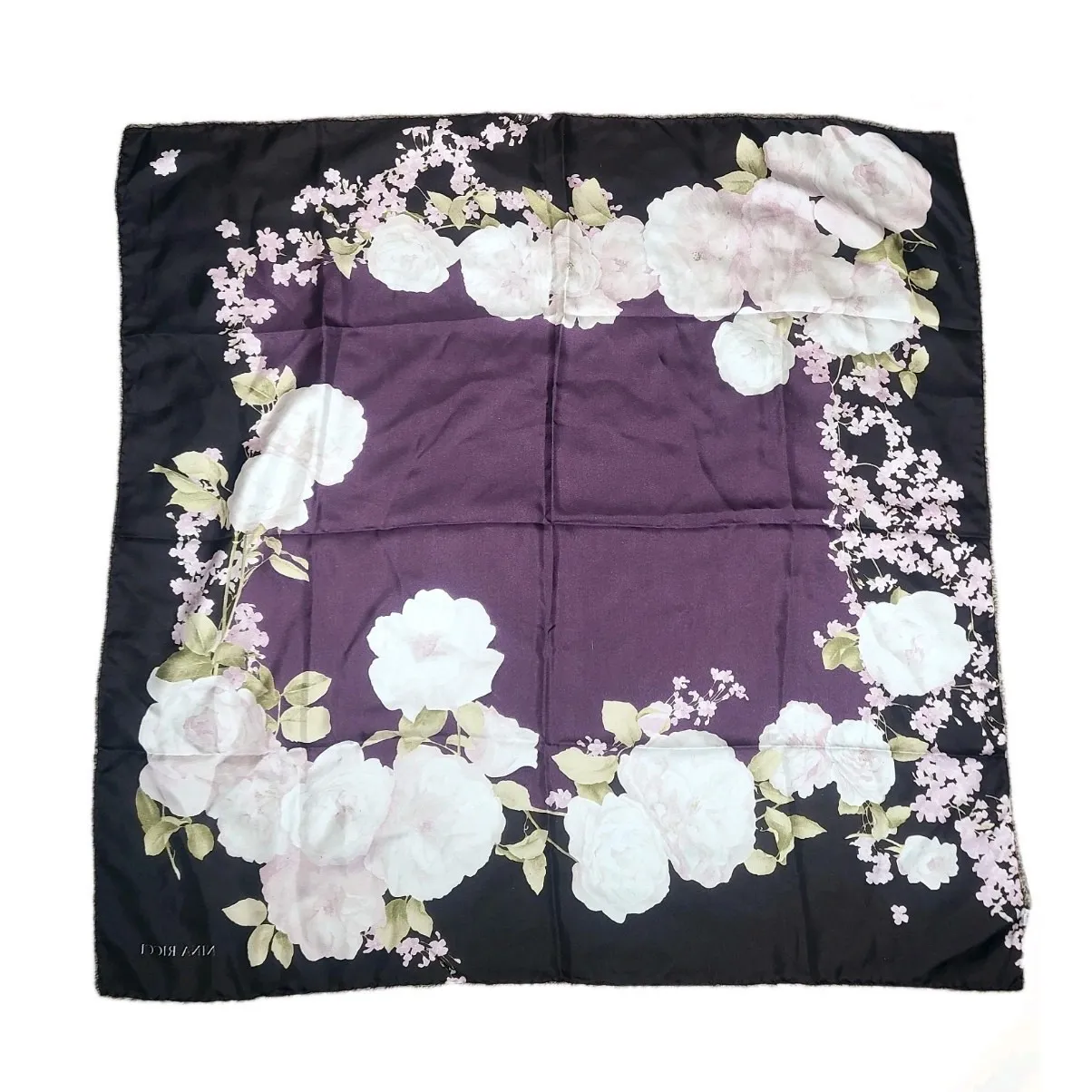 Vintage Nina Ricci 100% Silk Scarf Floral 34 inch Made In Italy Black Purple - Image 4