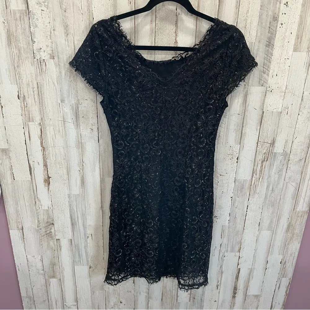 Joie Martin Black Lace Overlay Metallic Mini Dress LBD Little Black Dress - Image 2