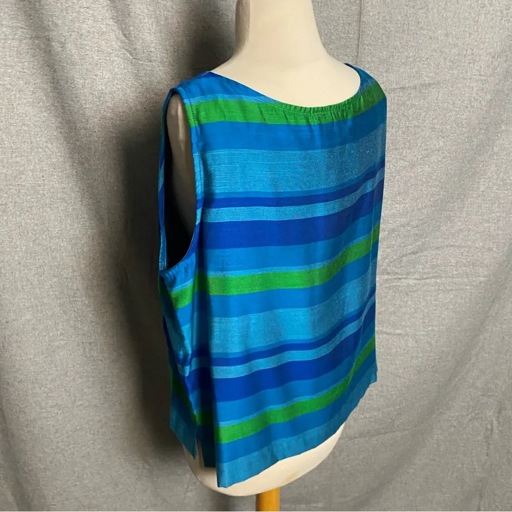 Vintage Sleeveless Blouse Blue Green Stripe Size L 18 - Image 4