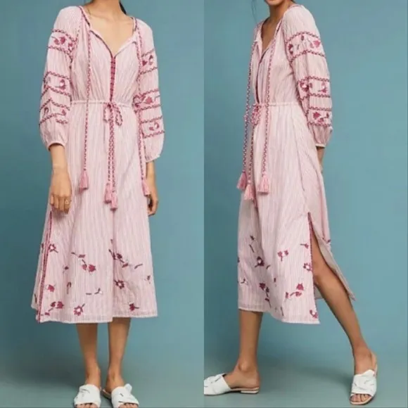 Misa Los Angeles Tasya Embroidered Pink and White Stripe Flowy Midi Dress - Image 2
