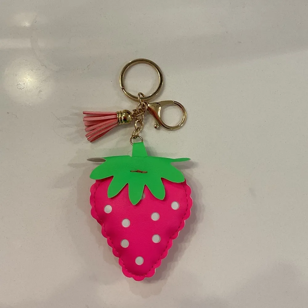 Pink Faux Leather Strawberry Purse Charm Keychain with Tassel - Image 2