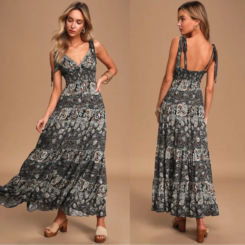 Free People • Let's Smock About It Maxi Slip dress black floral print tiered - Image 6