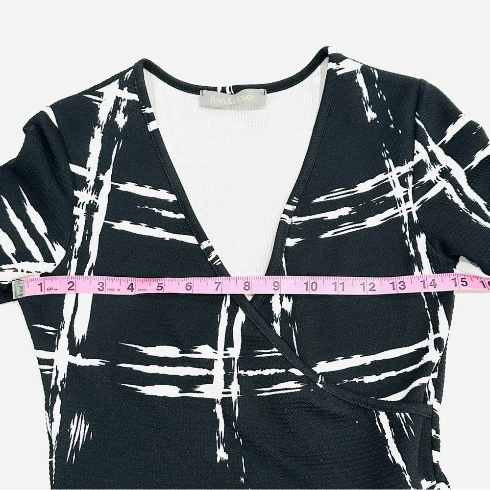 Finn & Clover Black & White Windowpane Plaid Cross Front Waffle Knit Dress - Image 4