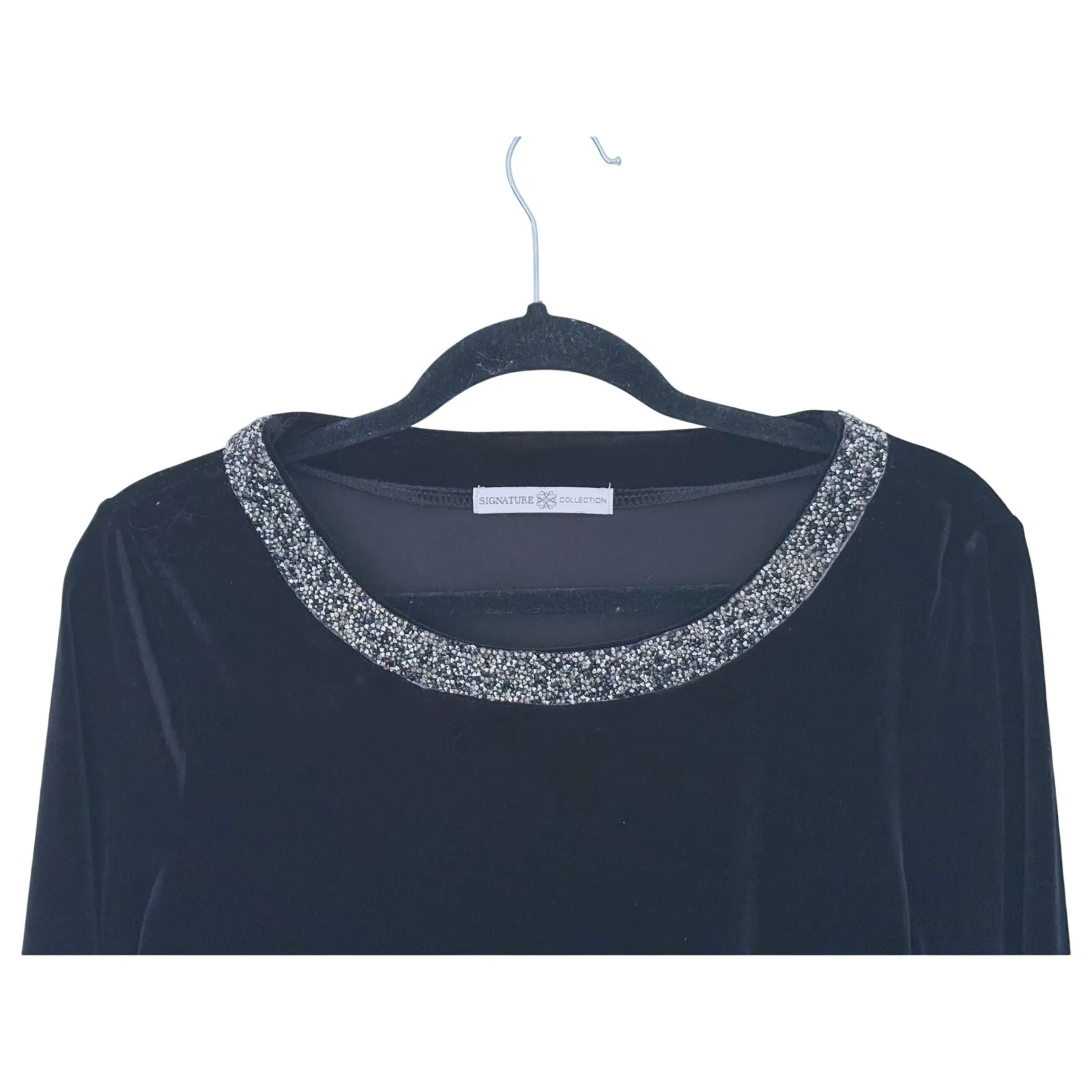 Signature Collection Glam Velour Rhinestone Collar Top M Black Evening Velvet - Image 4