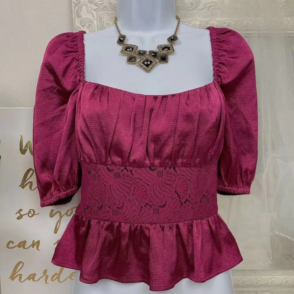 BELLEVUE THE LABEL Aurora Satin with Lace Short Sleeve Blouse Top Size Small NWT Purple - Image 2