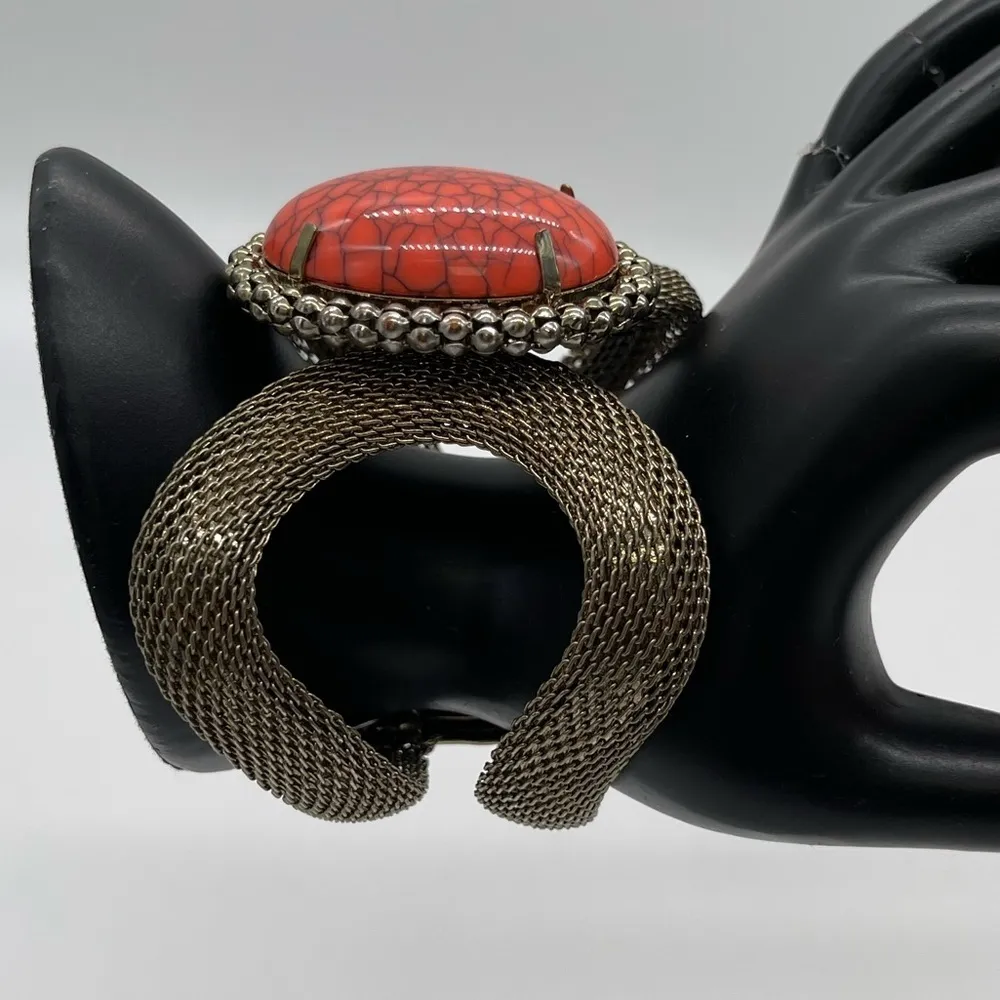 1960s Gold & Silver Tone Mesh with Agate stone Statement Cuff Bracelet Gray - Image 4