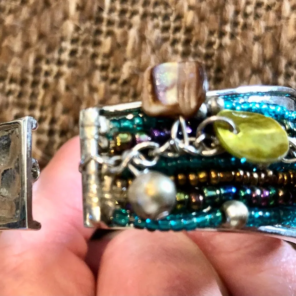 CUSTOM MADE Multi Strand Beaded Stones Disc Hinged Metal Band 9 inch Bracelet - Image 7