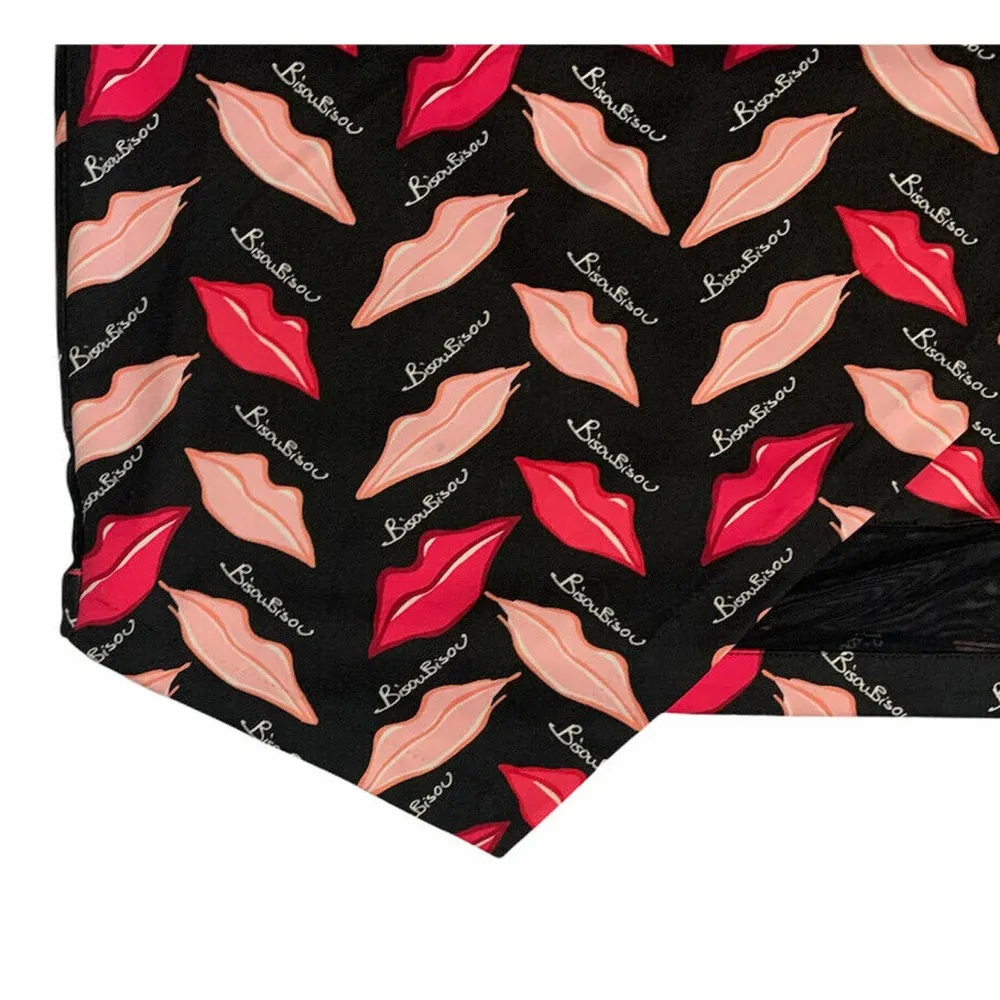 Bisou Bisou Black Pencil Skirt Lips Print Mesh Detail Asymmetrical Bodycon XL - Image 2