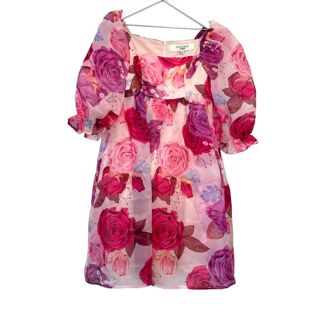 JessaKae Polly Dress Pink Floral Organza Puff Sleeve Size M Size M - Image 4