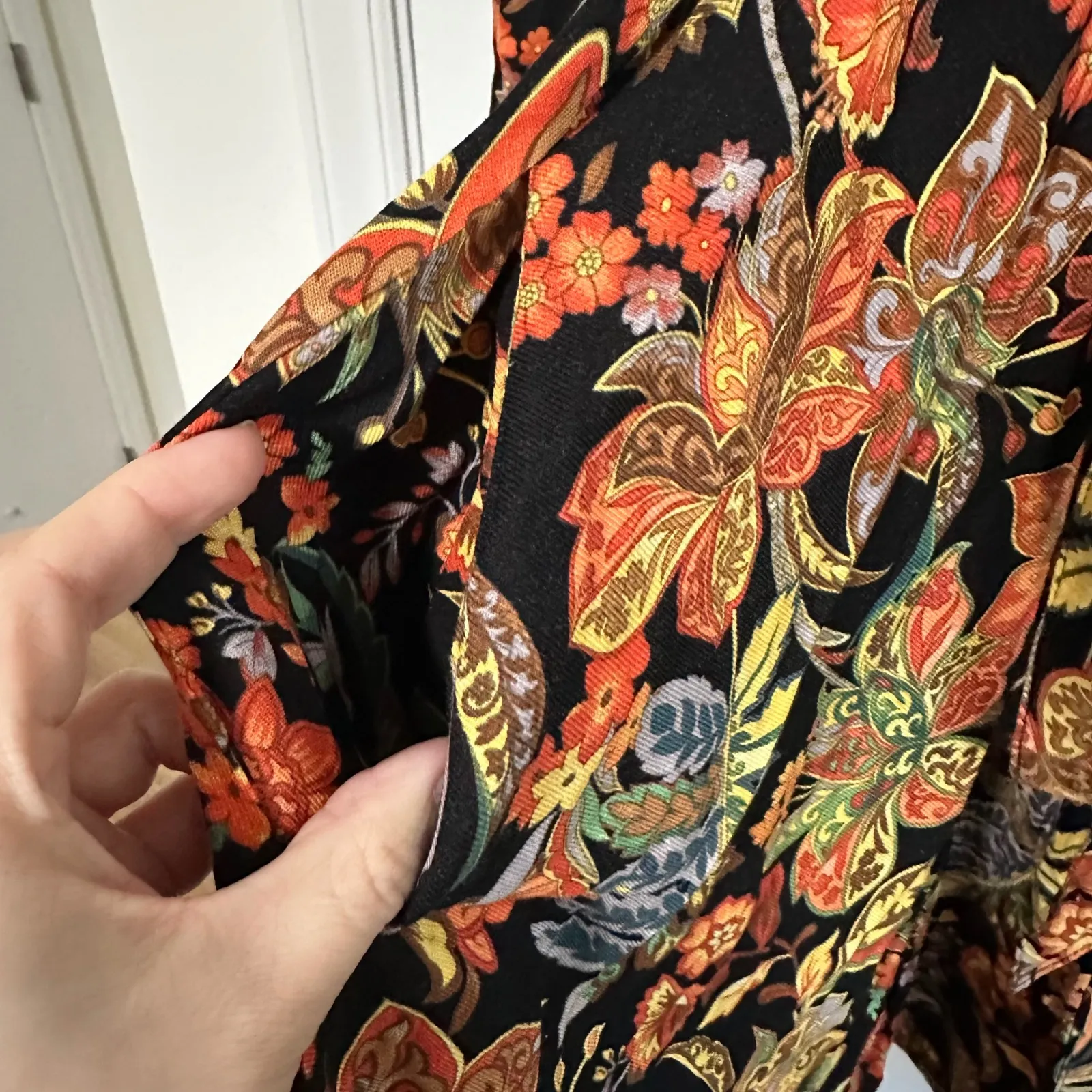 POLAGRAM | Black Orange Floral Button Front Tie Waist Long Sleeve  Mini Dress, S - Image 8