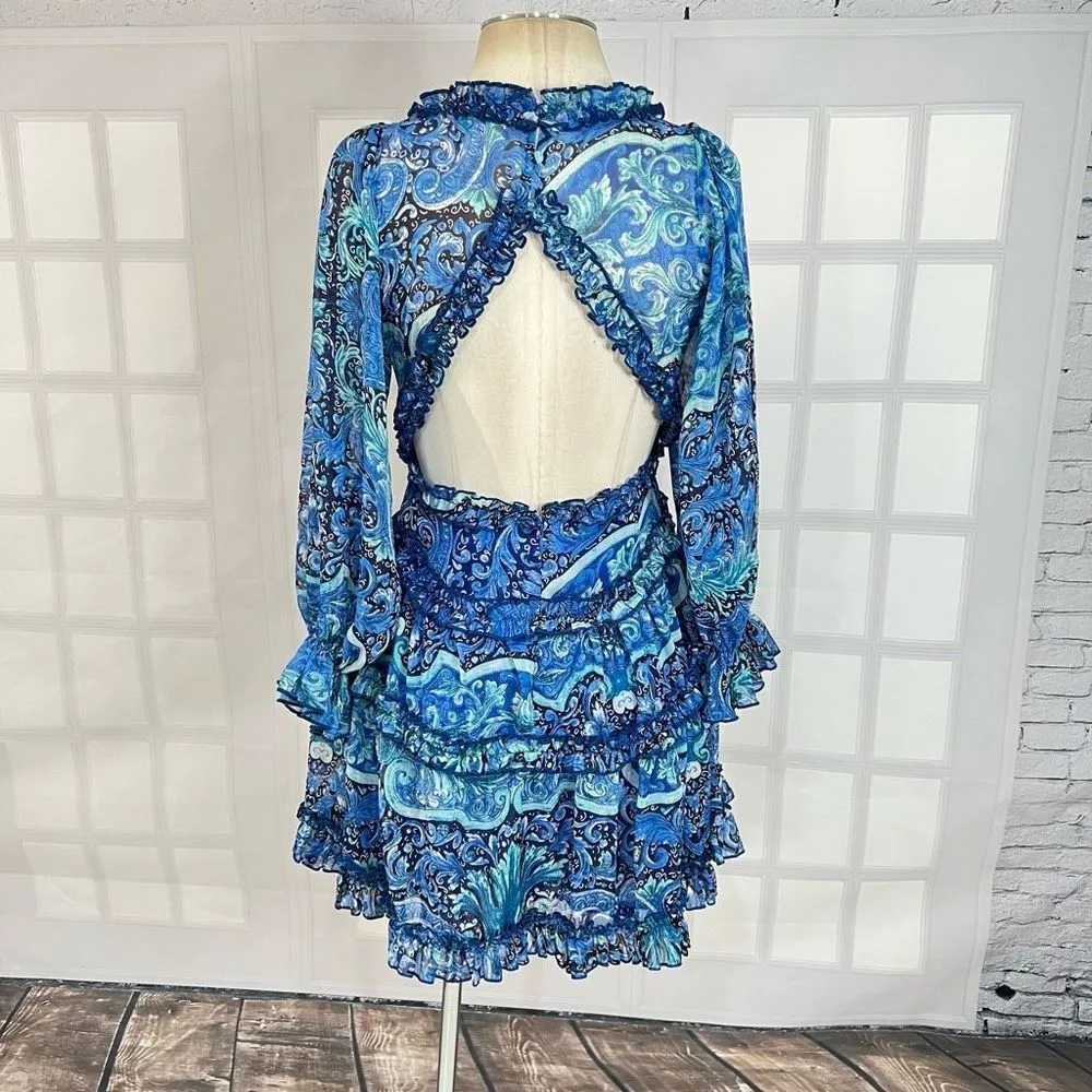 Luxxel Women's Floral Blue Ruffled Trim Open Back Mini Dress Size L - Image 5