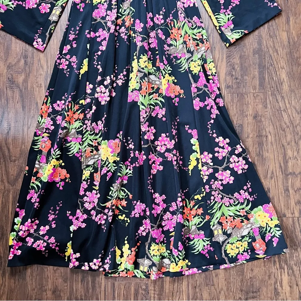 vintage • 70s maxi dress Japanese kimono black floral cherry blossom bell sleeve - Image 7