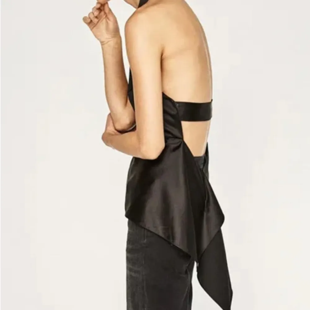 ZARA Satin Effect Open Back Top Asym Hem Dressy Black Halter Sz. S  preowned - Image 2