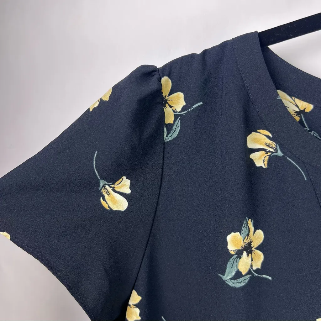 Hilary Radley Navy Floral Blouse, Yellow Flowers, Polyester, Flutter Sleeve Top - Image 5