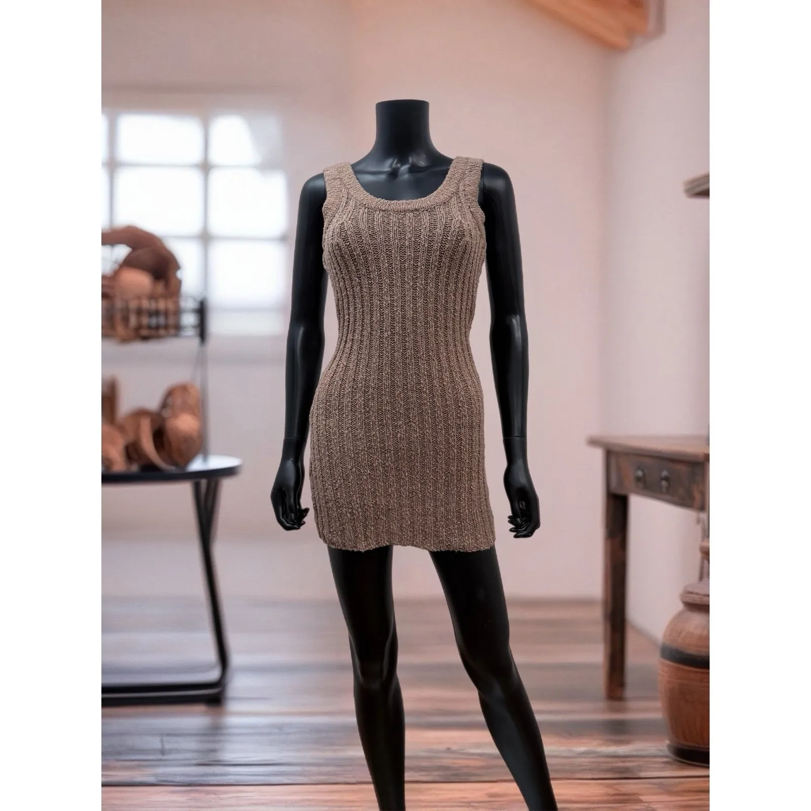 Bayse Lucia Knit Mini Dress Taupe 100% Cotton Ribbed‎ Scoop Back XS/S Size 0 - Image 4