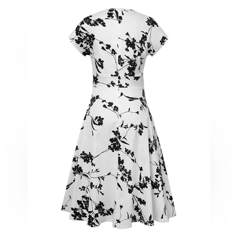 NWT Homeyee Women's White Short Sleeve Floral Casual A Line Midi Dress Fit Flare - Image 3