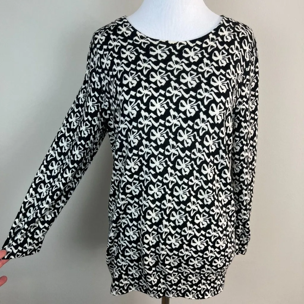J Crew Sweater Medium Black White Ribbon Bow Wool 3/4 Sleeve‎ Crew Neck Womens - Image 4