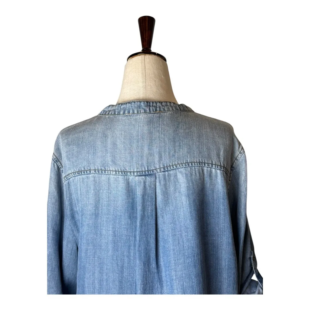 Karlie Shirt‎ Women Large Blue Chambray Tencel Lace Up Roll Tab Sleeve Tunic Top - Image 7