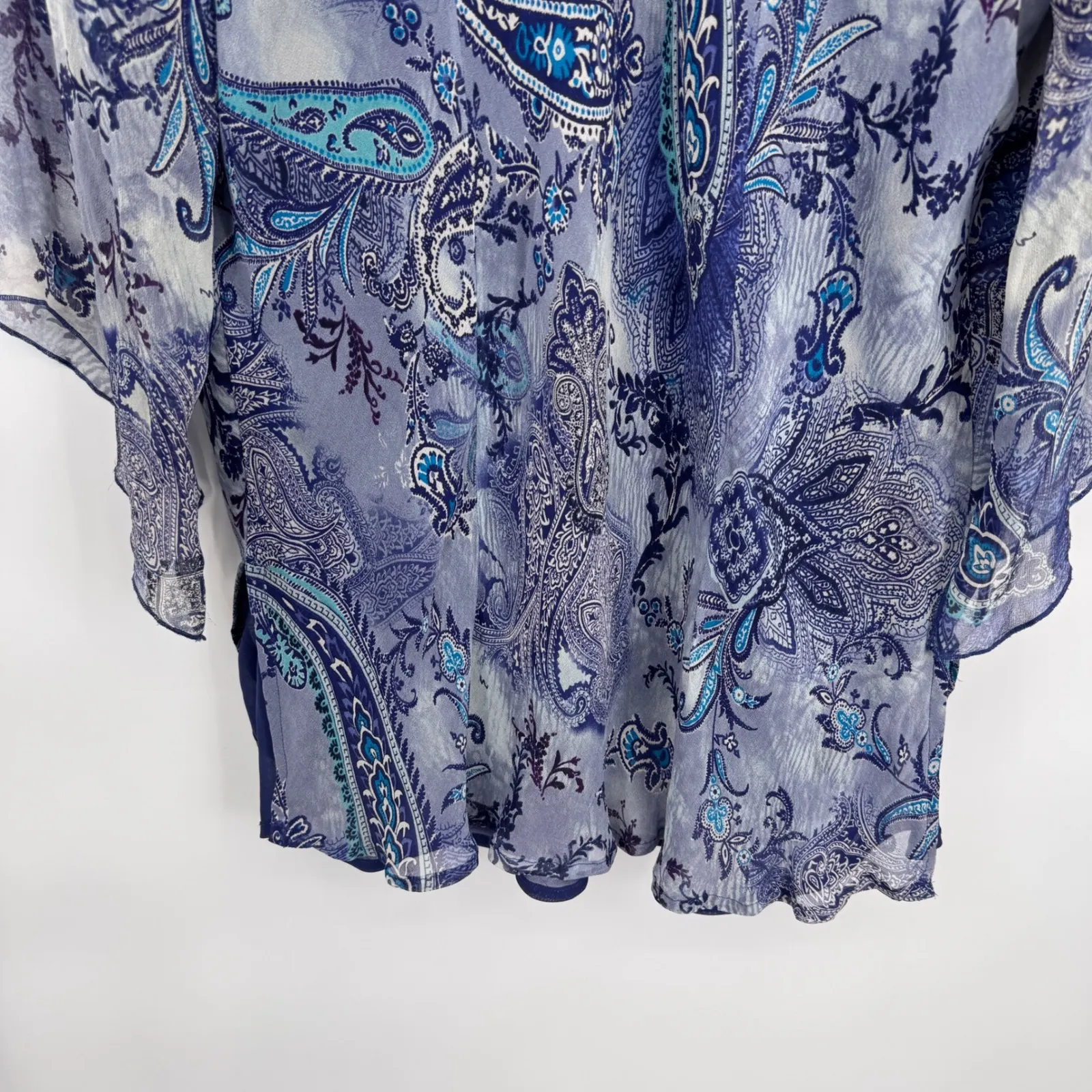 Avenue Paisley Silk Blouse Plus Size 22/24 Blue Whimsigoth Fairy‎ Bell Sleeve - Image 9