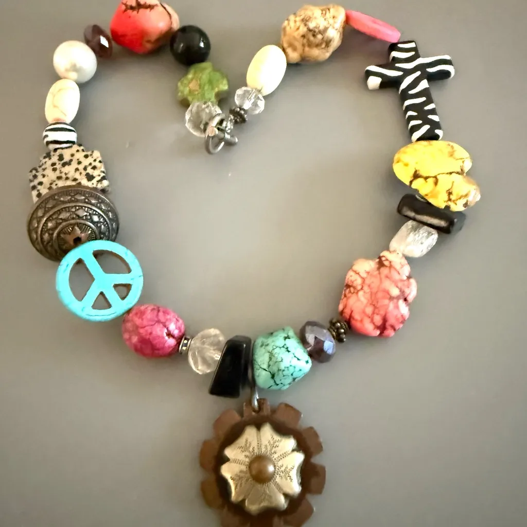 BOHO Statement Natural Gemstone Cross Turquoise Jasper Howlite Necklace Blue - Image 2