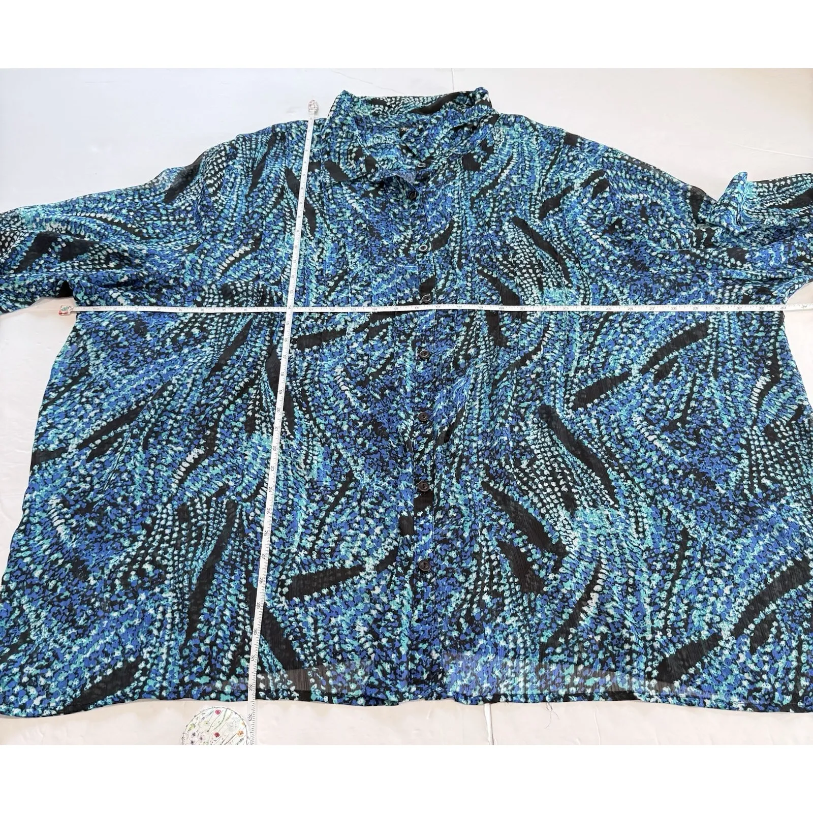 Maggie‎ Barnes Blue Colorful Pleated Semi Sheer 3/4 Sleeve Button Up Blouse  5X - Image 8