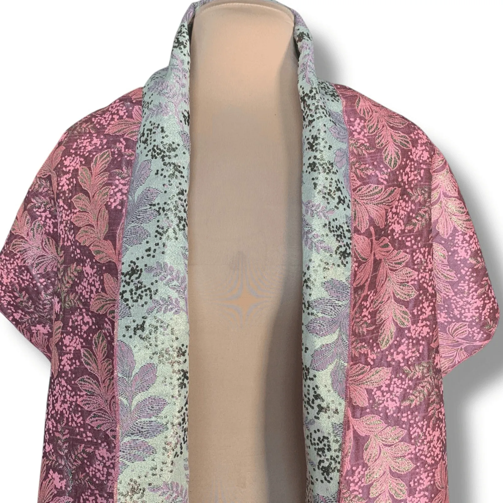 The Little Tichel Lady Reversible Pink Green Metallic Floral Brocade Shawl Scarf - Image 4