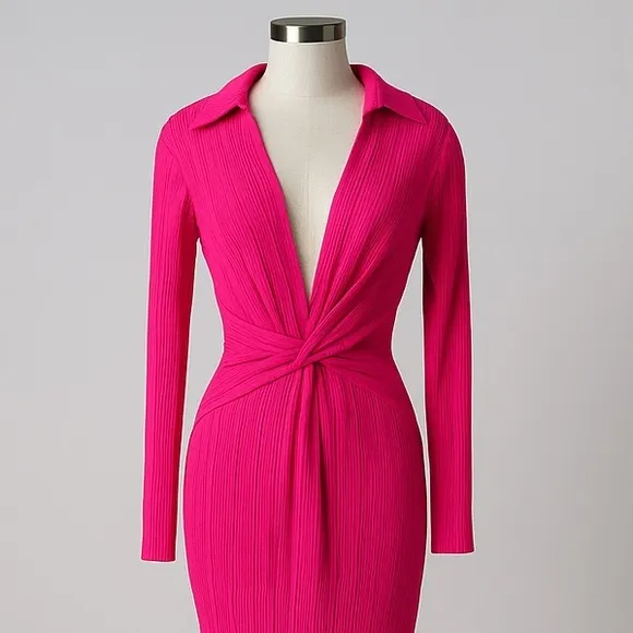 Pretty Little Thing Hot Pink Plisse‎ Collar Detail Twist Midi Maxi Dress Size 6 - Image 5