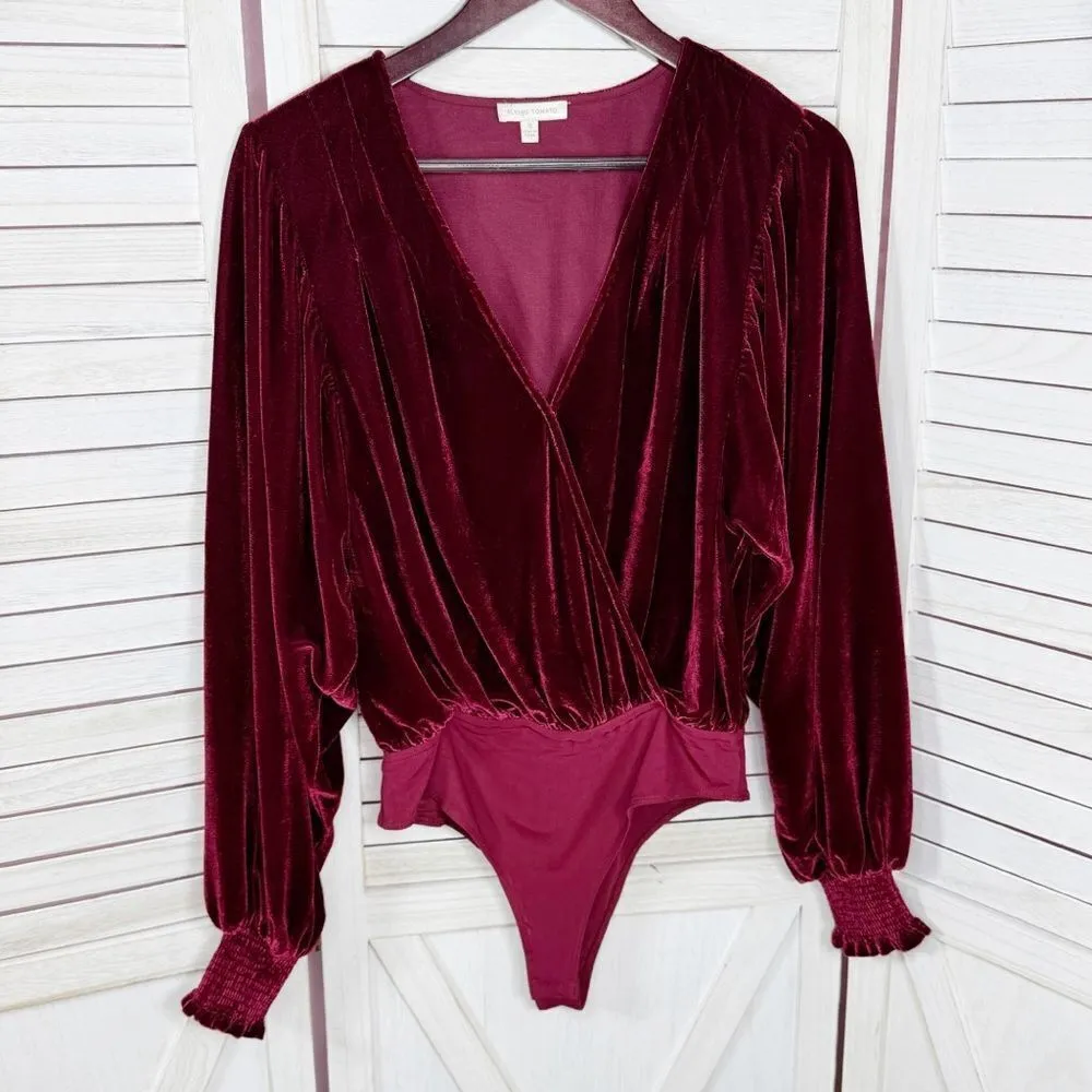 Flying Tomato Velvet V Neck Bishop Sleeve Bodysuit Cherry MaroonRuby Red Small - Image 8