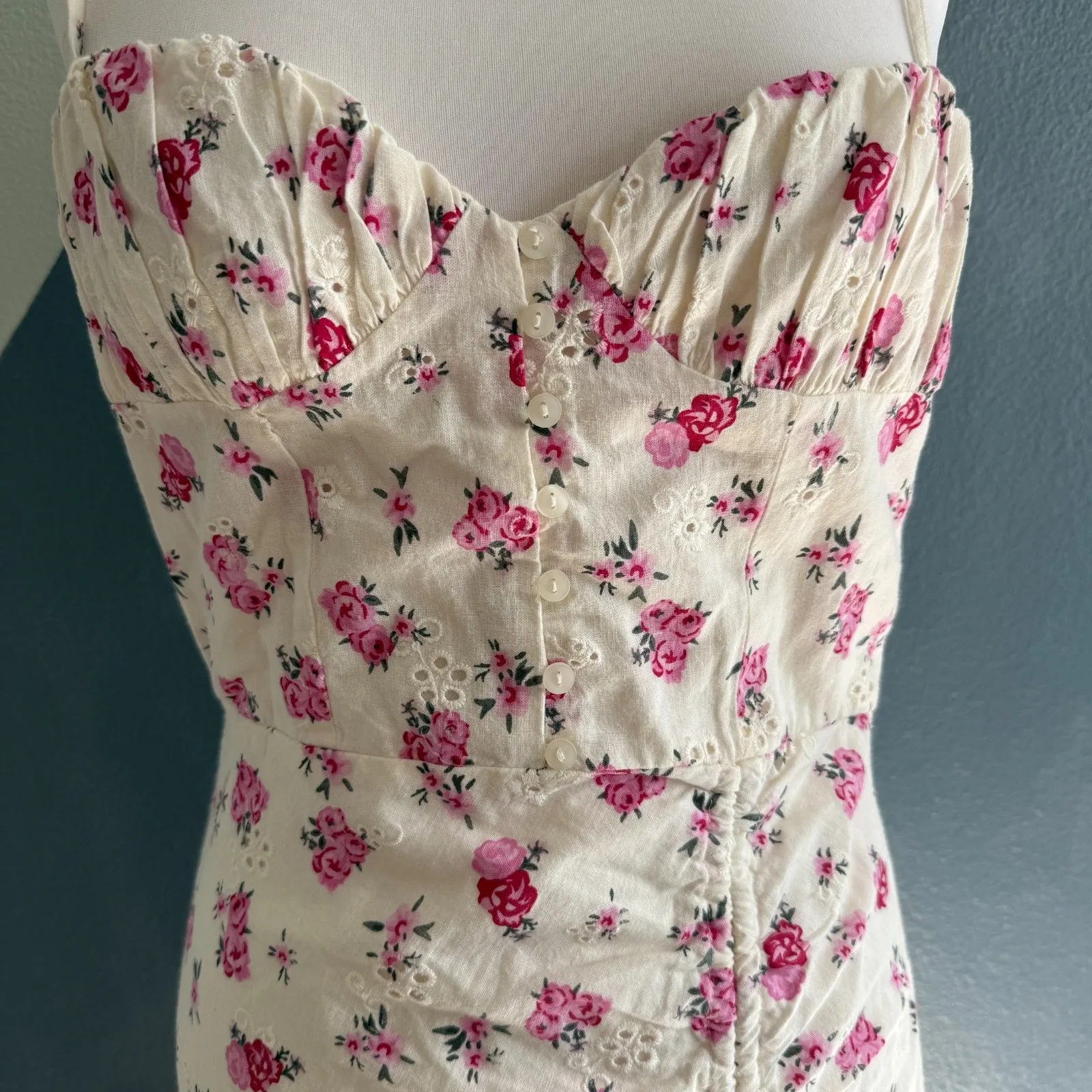 Zara Linen Floral Bustier Eyelet Smocked Midi Dress Size Large - Image 5