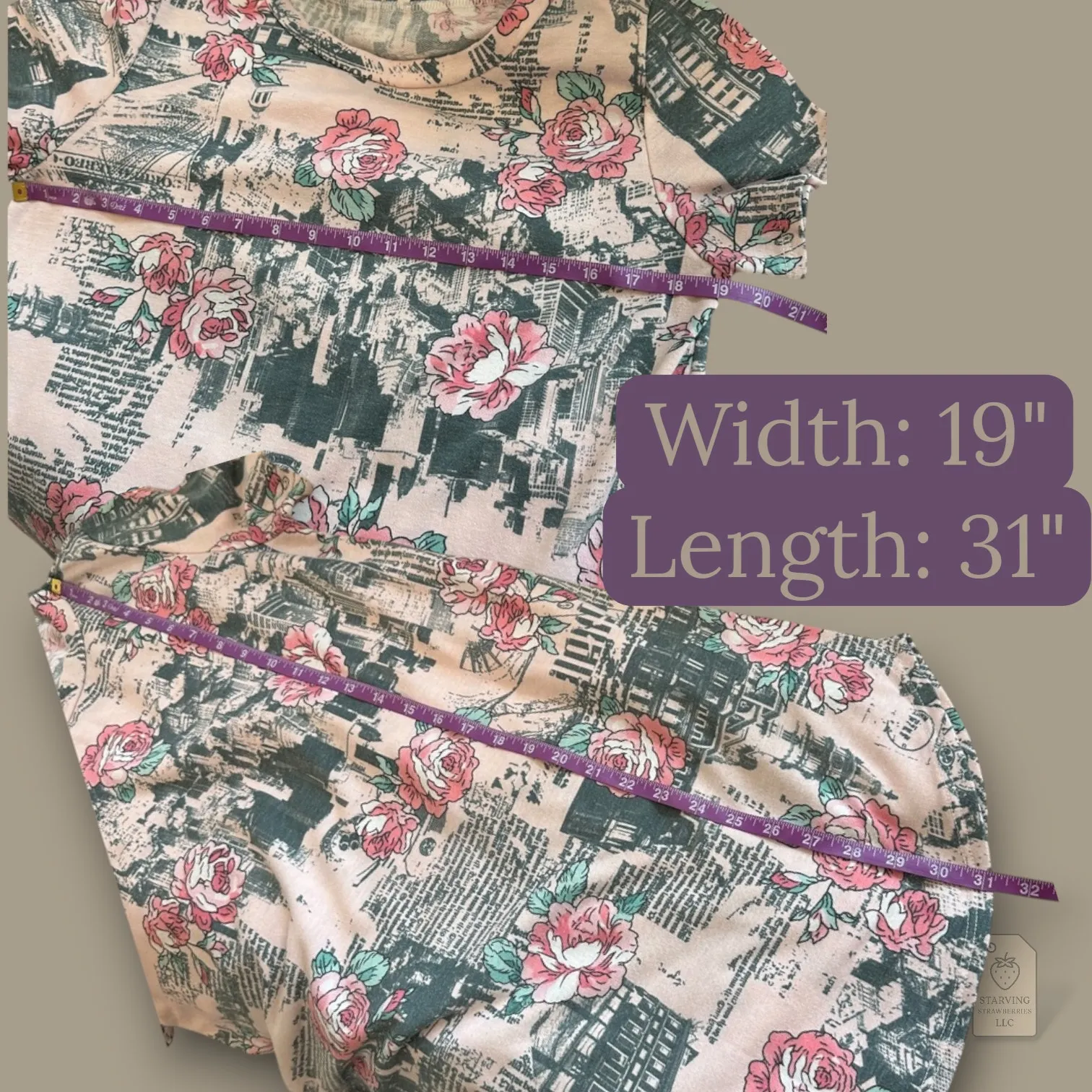 Coco Kelly Floral Newsprint Tunic Top Pink Green Rose Print Made in USA Sz L Size L - Image 8