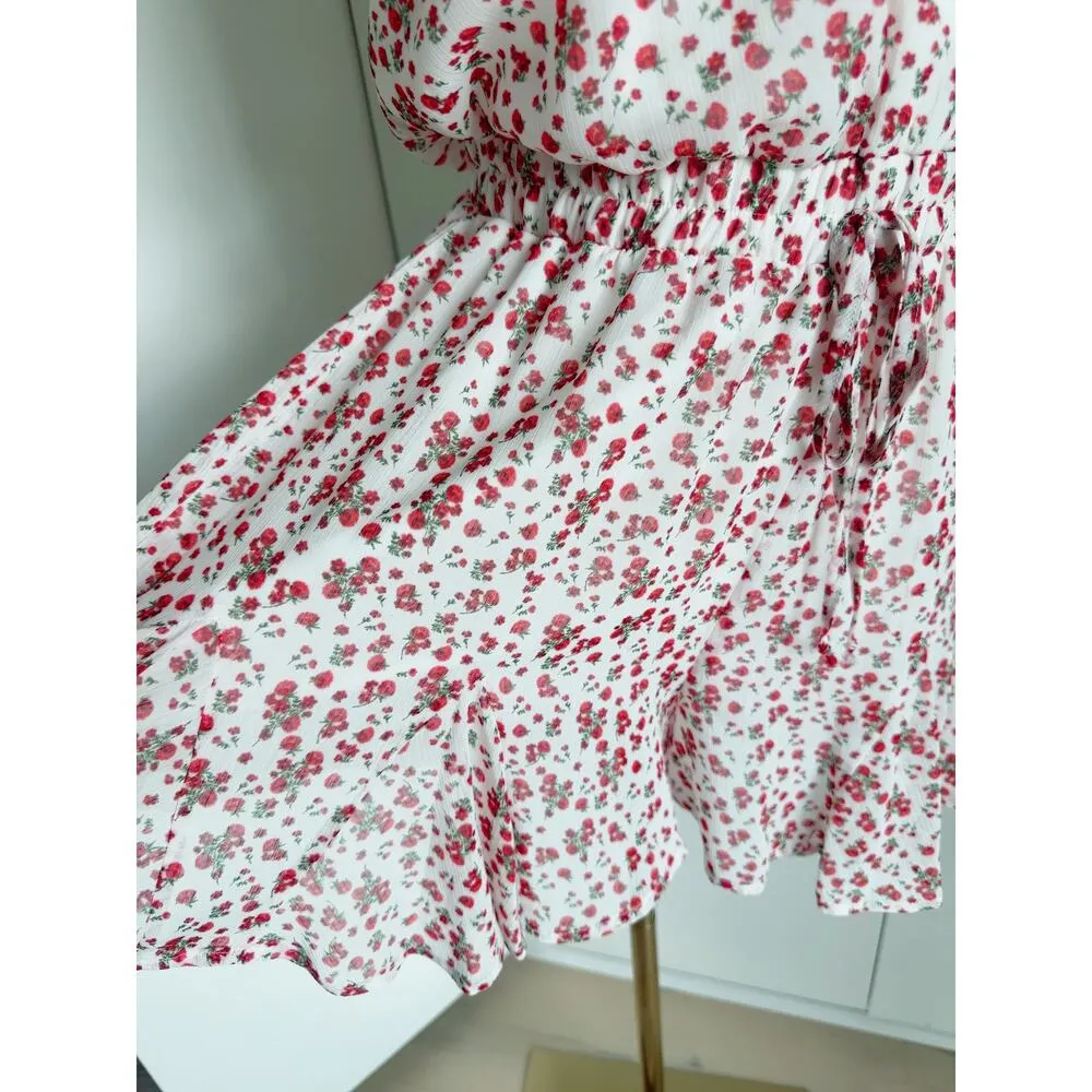 Y2k Floral Print Romper Womens Size Small Red White spaghetti straps Ruffles - Image 2