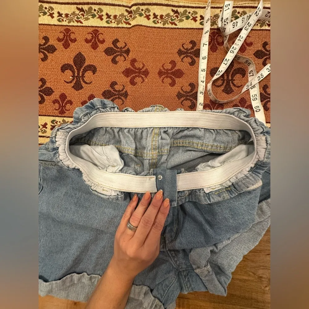EUC Plain& Plaid Denim Paper Bag Blue Jean Denim Cuffed Shorts elastic waist Size XL - Image 7