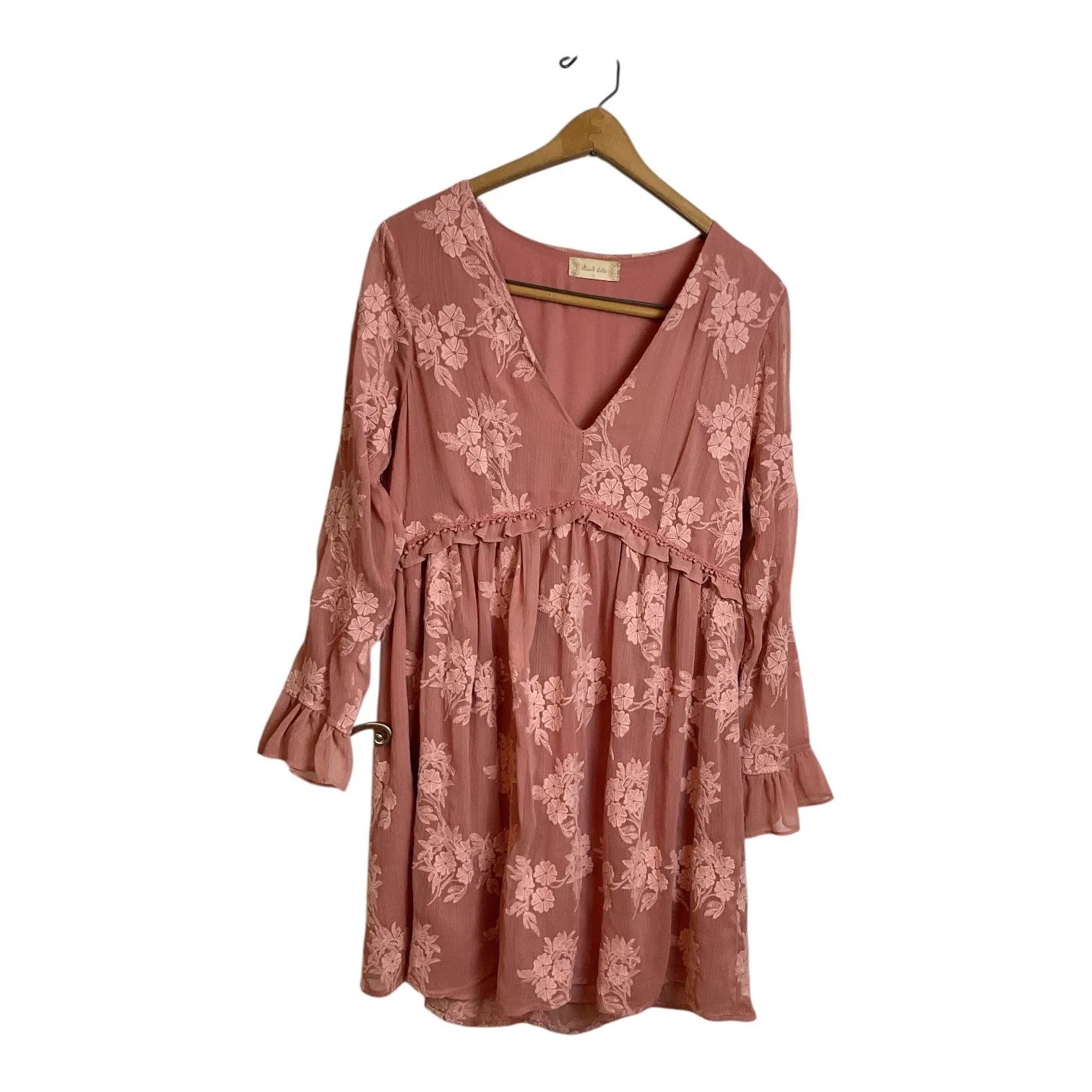 Altard State Dusty  Rose Floral Embroidered Ruffle V Neck Mini Dress Long Sleeve - Image 7