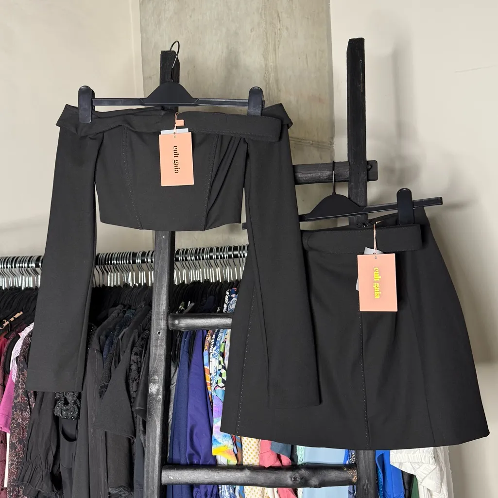Cult Gaia Valia Crop Off the Shoulder Top & Essie Mini Skirt Set in Black - Image 10