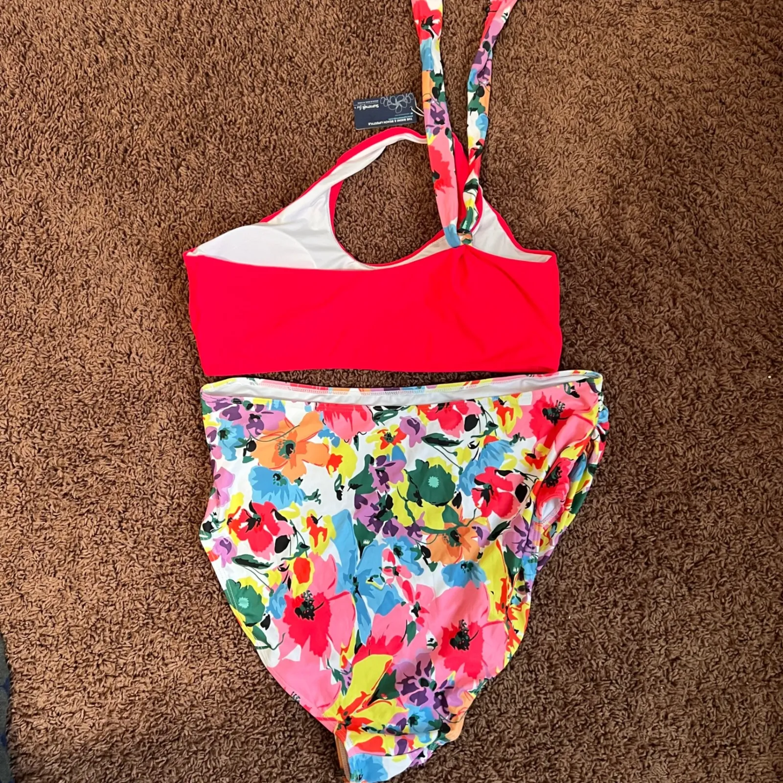 Summer‎ Mae Red Halter Bikini Top High Waist Floral Print Swimsuit Set Size XL Pink - Image 6