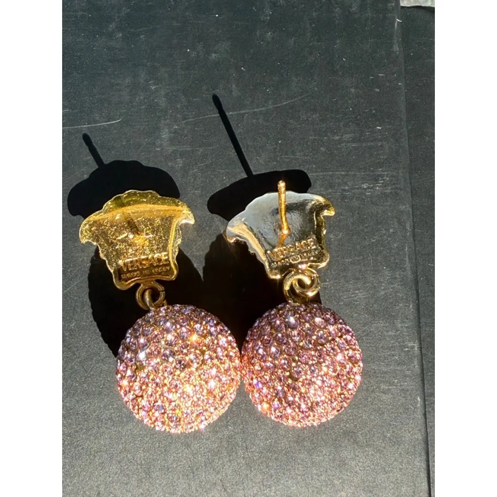 Versace Gold Medusa Pierced Earrings w/Rose Gold Crystal Encrusted Balls - Image 3